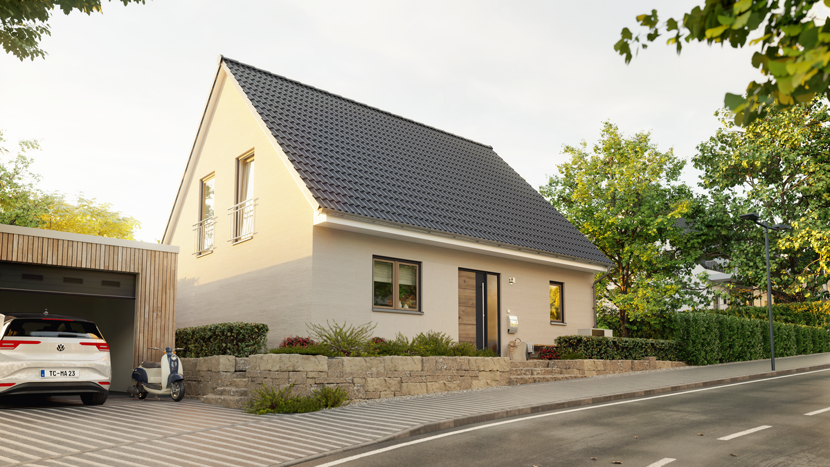 Flair 134 Blick von der Straße auf das moderne Satteldach Blick von der Straße auf das Flair 134 mit Satteldach, zeitlos und elegant.