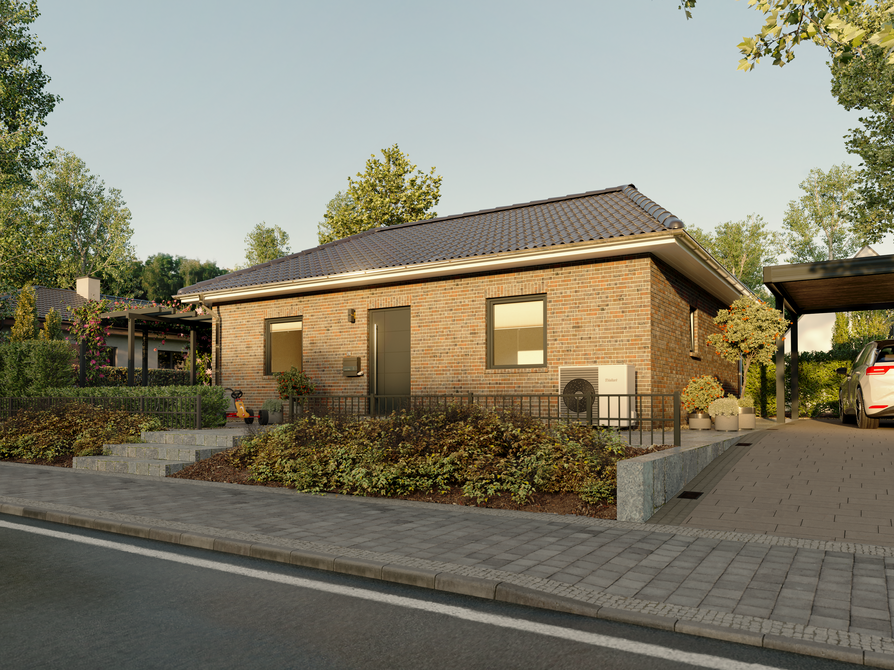 Straßenansicht des Bungalow 78 mit Klinkerfassade und Carport Bungalow 78 in verklinkerter Ausführung mit dunklem Walmdach, gepflegter Vorgartenanlage, Carport und gepflastertem Zugang zur Haustür.